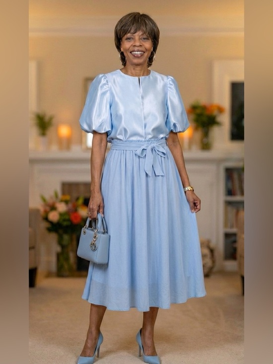 Passion of Essence Dresses & Skirts - Dusty Blue Tie Waist Midi Skirt XL Flowy Elegant